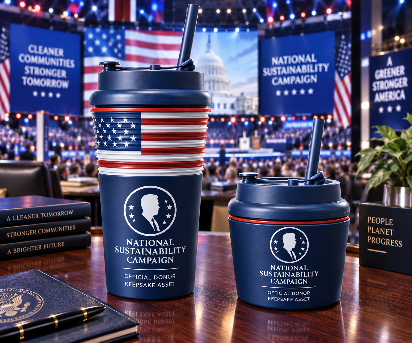 Two navy, red, and white civic campaign keepsake cups displayed inside a national convention setting