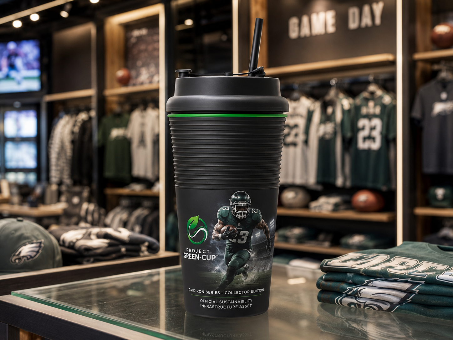 Football player-series Project Green-Cup displayed in a sports store
