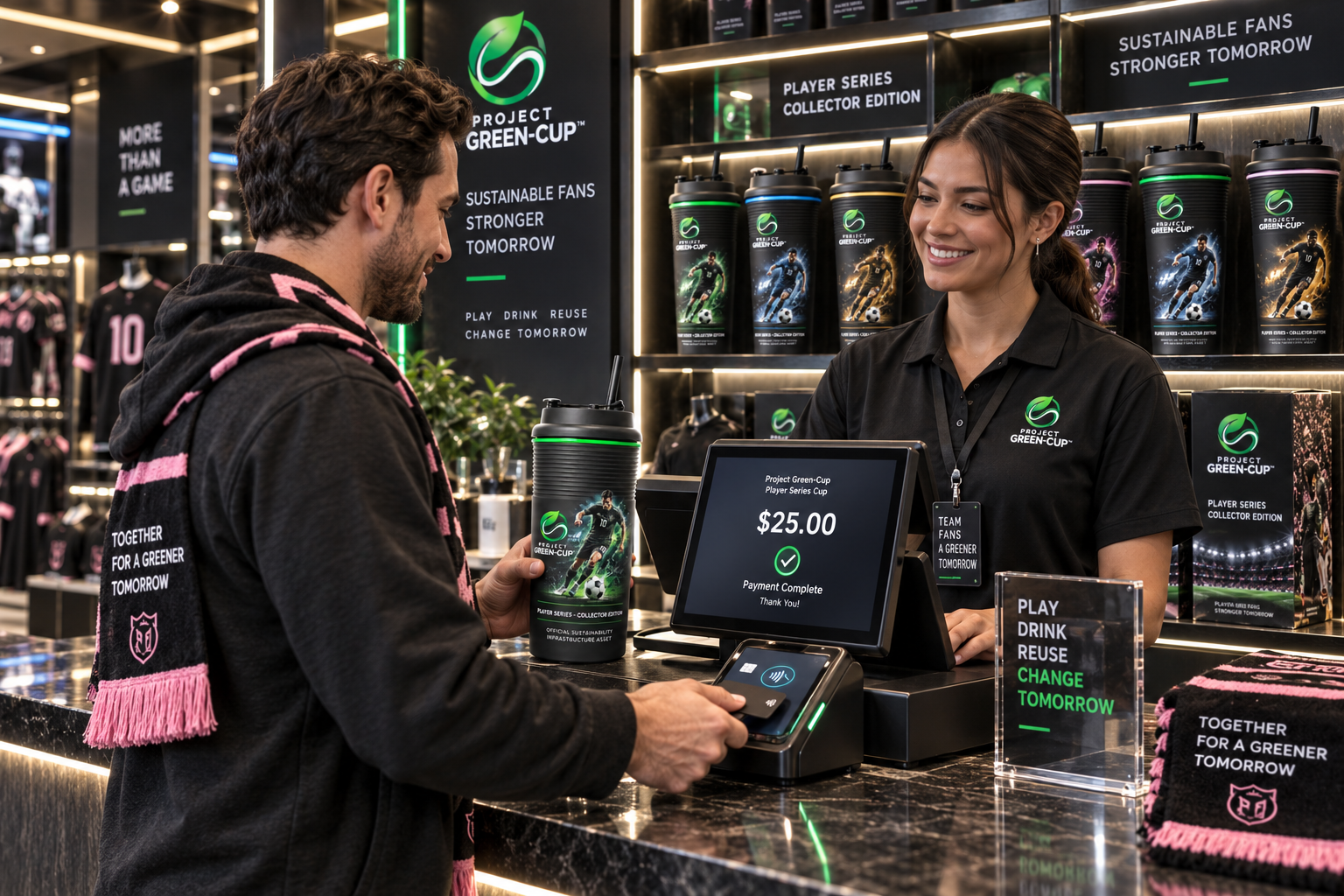A fan purchasing a premium Player Series Project Green-Cup vessel in a sports team shop
